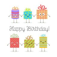Happy birthday greeting card with cartoon smiling gift boxes