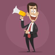 Character businessman happy speaks in megaphone