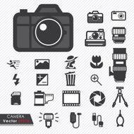 Photography camera lens and accessories set vector icons N2