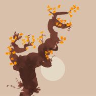 Greeting card template Japanese style Blossoming tree Vectorized ink drawing N5