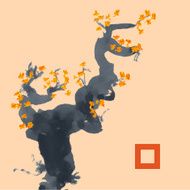 Greeting card template Japanese style Blossoming tree Vectorized ink drawing N6