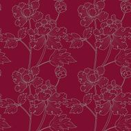 Bright peoniy drawing on ruby background (Seamless pattern kimono style)