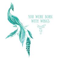 Hand-drawn card with mystic mint bird
