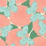 Beautiful seamless pattern with flowers chrysanthemums leaves and butterflies