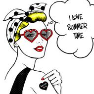 Woman in heart shape sunglasses comic art style