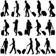 Black silhouettes travelers with suitcases N2