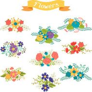 Set of floral bouquets various flowers in retro style N2