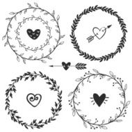 Hand drawn rustic vintage wreaths with hearts Floral vector