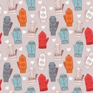 Seamless Christmas background with doodle mittens Hand drawn vector illustration