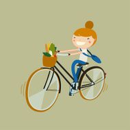 girl riding bike with vegetarian food