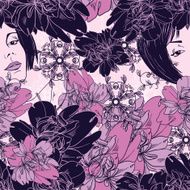 abstract vector seamless pattern with girl flowers and ornaments N2