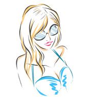 Girl in big dark sunglasses and blue swimsuit