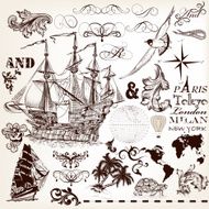 Vector set of vintage elements on marine theme with ship