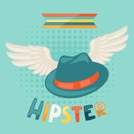 Design with hat and wings in hipster style