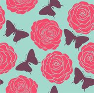 Beautiful seamless pattern with roses and silhouettes of butterflies
