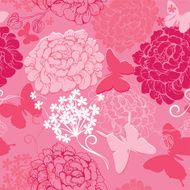 Seamless pattern with butterflies silhouettes and hand drawn flowers