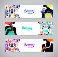 Banners with stylish beautiful shopping woman silhouette and fashion icons