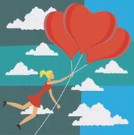 Woman flying with balloons of love