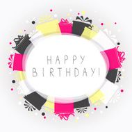 Square color background with gift boxes and inscription Happy Birthday