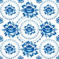 Gzhel Seamless ornament pattern with blue flowers and leaves Vector
