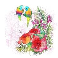 two parrots sitting on a branch in tropical flowers