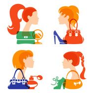 Set of beautiful girl silhouette with fashion icons