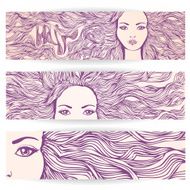 Three vector web banners Pretty young woman with wavy hair