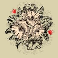 Floral background with roses red hearts and butterflies Vector illustration