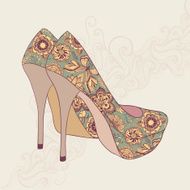 High-heeled vintage shoes with flowers fabric N7