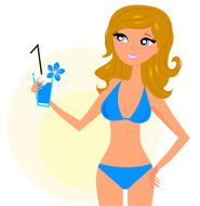 Bikini girl holding cocktail isolated on white