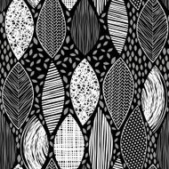 Seamless monochrome pattern with abstract leaves on a black background