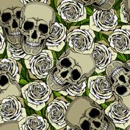 Seamless pattern with skulls and white roses N2