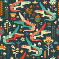 Colorful seamless pattern with merry crocodiles and flowers