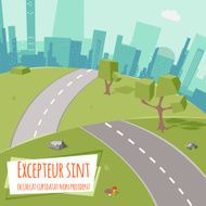 Urban landscape with road and low poly trees on green