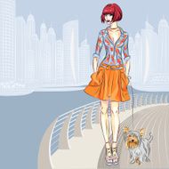Vector beautiful girl with dog walks along the waterfront
