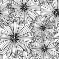 Black and white seamless pattern of abstract flowers