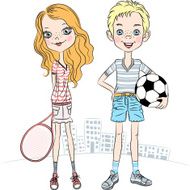 Girl with tennis racket and boy soccer ball N2