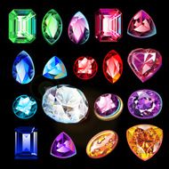Different in color shape and cut gems on black background