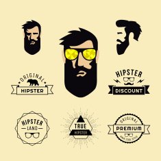 Hipster style guy with sunglasses and collection of vintage hipster labels