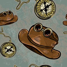 Steampunk hat and googles pocket watch repeating seamless pattern