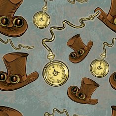 Steampunk top hat and pocket watch repeating seamless pattern