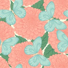 Beautiful seamless pattern with flowers chrysanthemums leaves and butterflies