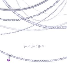 Assorted silver chains on white background with glass bead pendant