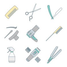 hairdresser tools color outline icons set