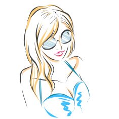 Girl in big dark sunglasses and blue swimsuit