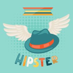 Design with hat and wings in hipster style