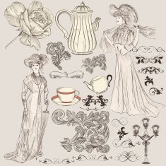 Vector set of hand drawn detailed elements in vintage style