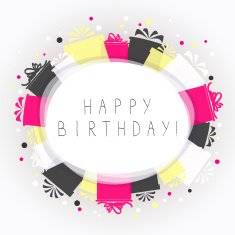Square color background with gift boxes and inscription Happy Birthday