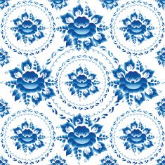 Gzhel Seamless ornament pattern with blue flowers and leaves Vector