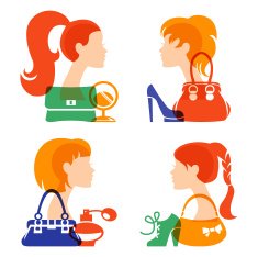 Set of beautiful girl silhouette with fashion icons